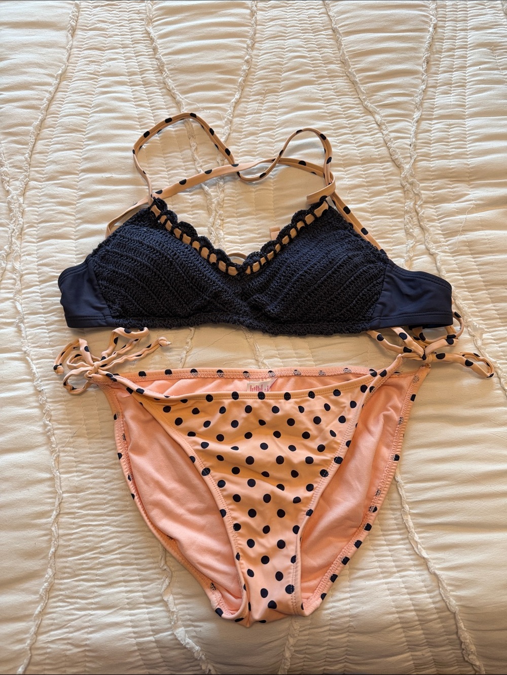 Xhilaration Navy Crochet Bikini Top with Pink Polka Dot Tie-Side Bottoms